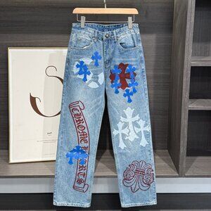 New Chrome Hearts Men's Women's Cross Patch Blue Limited Edition Couple Jeans